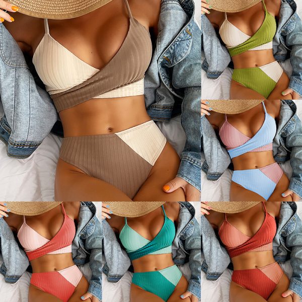 Bikini Patchwork Swimwear Ribbed Women's Swimsuit Knot Back Beachwear Ruched Butt Biquinis Bathing Suits sexy