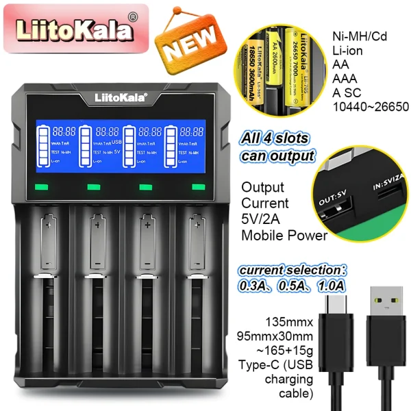 LiitoKala new Lii-K4 Li-ion NI-MH/NI-Cd Smart Charger for 18650/21700/26650/AA/AAA - LCD Display & USB Power Bank Function