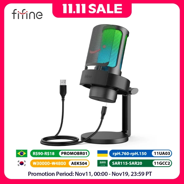FIFINE USB Microphone for Recording and Streaming on PC and Mac,Headphone Output and Touch-Mute Button,Mic with 3 RGB Modes -A8