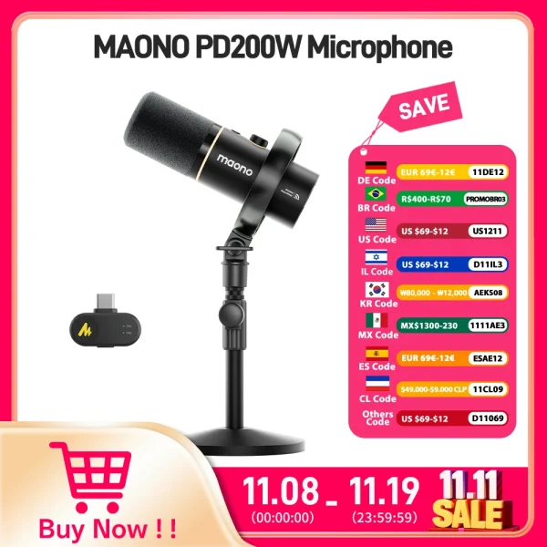 MAONO PD200W Hybrid Wireless Podcast Mic for PC/Phone/Camera,XLR/USB Dynamic Microphone for Streaming Recording Content Creation