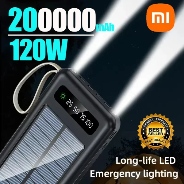 Xiaomi 200000mAh Solar Power Bank Large Capacity Mobile Power Fast Charging Battery With Dual USB 4 Cables For iPhone Samsung