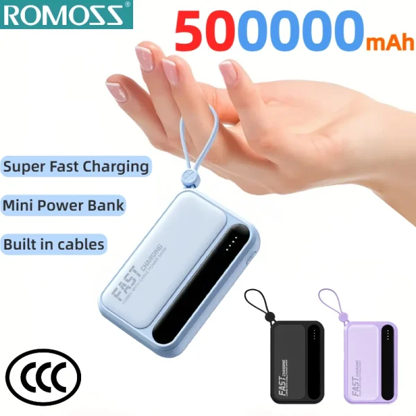 ROMOSS 4 In1 Power Bank 500000mAh Large Capacity Built in Cables Intelligent Digital Display Light Portable Battery For iPhone