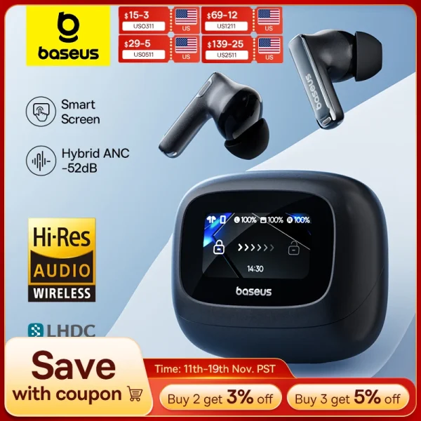 Baseus Bowie M2s Ultra Wireless Earphones Smart Screen 52dB Noise Cancelling Bluetooth 5.4 Headphones 3D Audio Spatial Earbuds