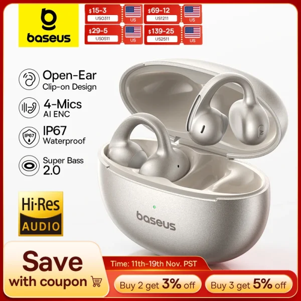 Baseus MC1 Pro Ear Clip Wireless Earphones Bluetooth 6.0 Hi-Res Ultra Open Earbuds earrings 4-Mic ENC Clip on ear buds Headphone